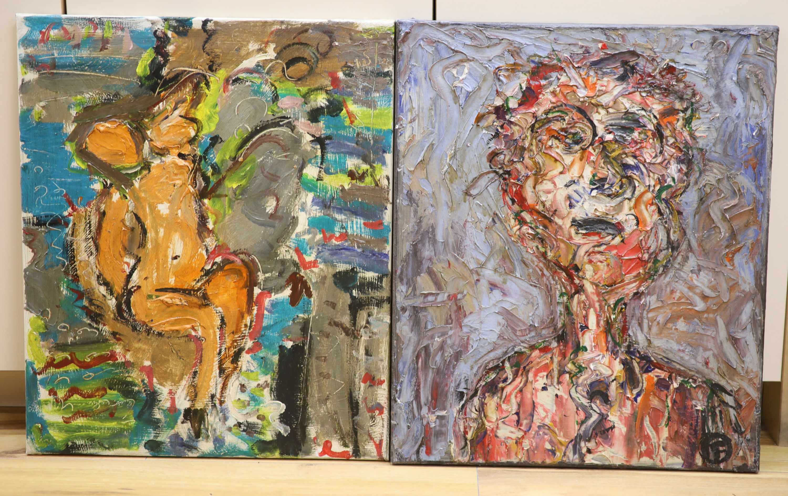 Modern British, two oils on canvas, Head study and Seated nude, one monogrammed, 60 x 50cm, unframed